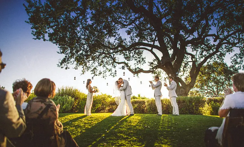 Outdoor wedding ceremony under a large tree.