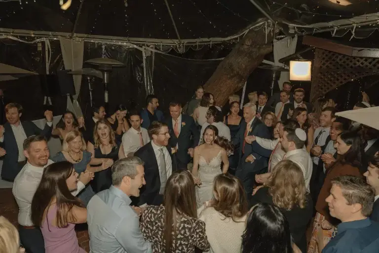 Wedding guests dancing in a festive atmosphere.